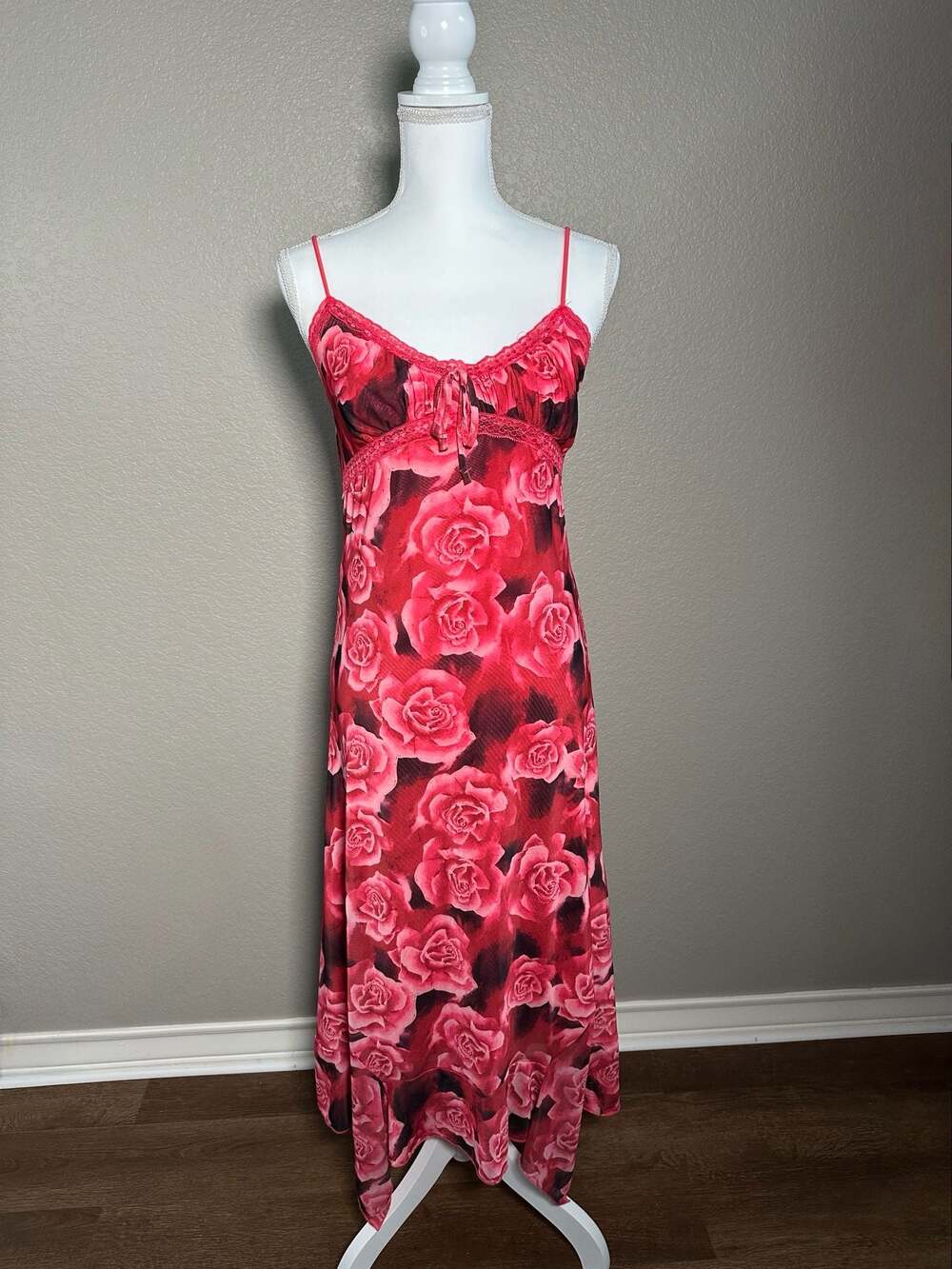 Fashion Nova Afternoon Delight Mesh Midi Dress Red Combo Floral Lace Trim